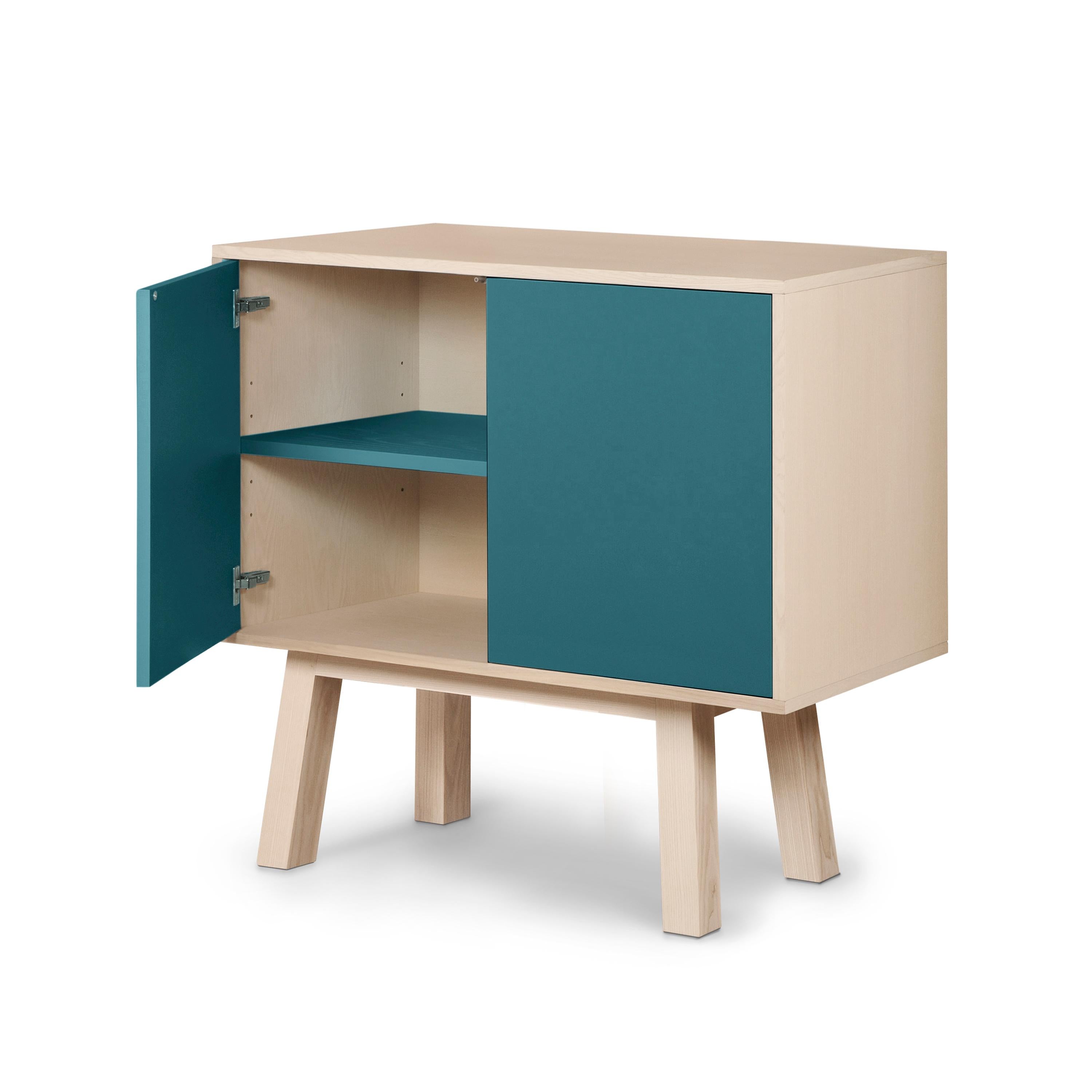 French artisanal 2-door sea blue high wooden cabinet, by Eric Gizard, Paris In New Condition For Sale In Landivy, FR