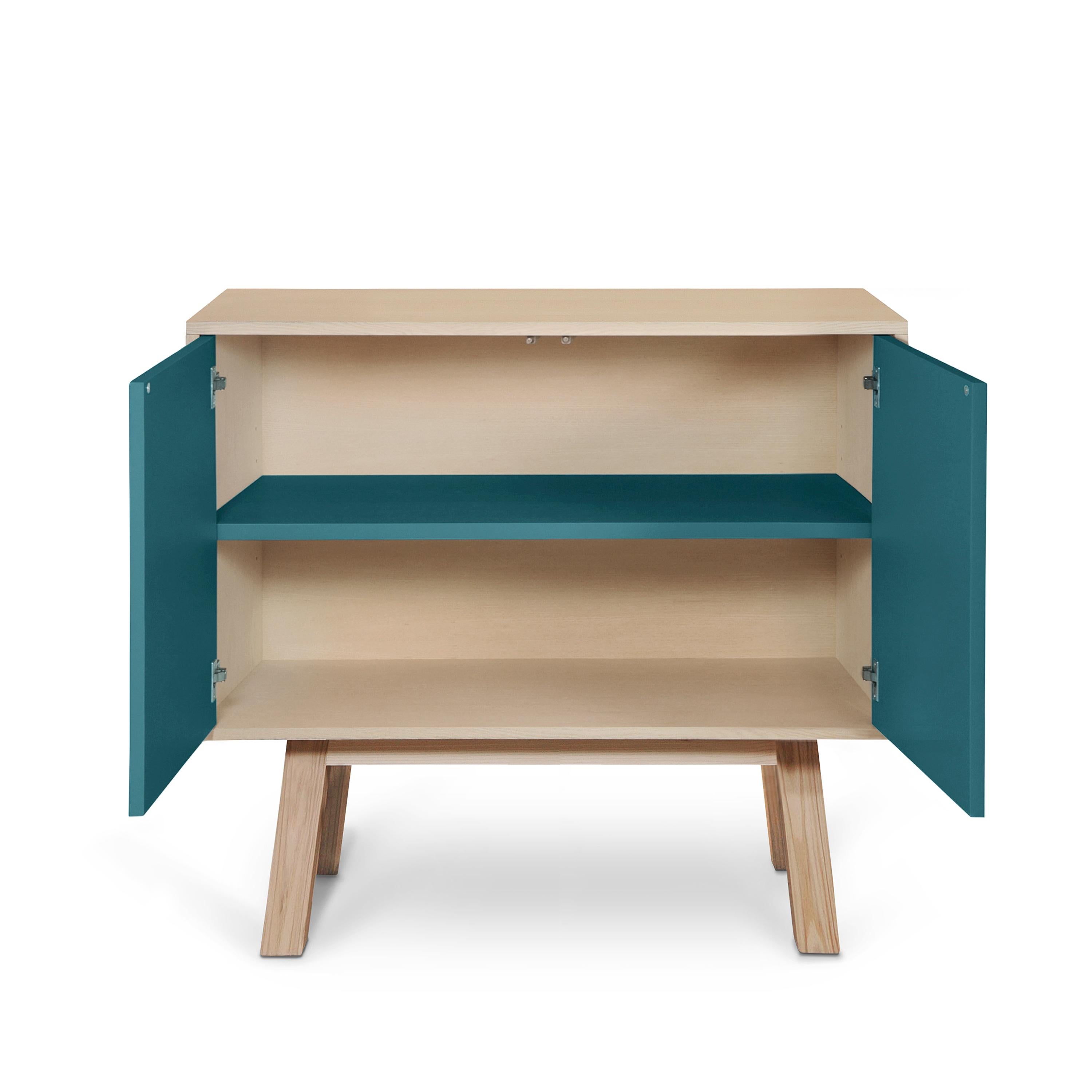 Contemporary French artisanal 2-door sea blue high wooden cabinet, by Eric Gizard, Paris For Sale