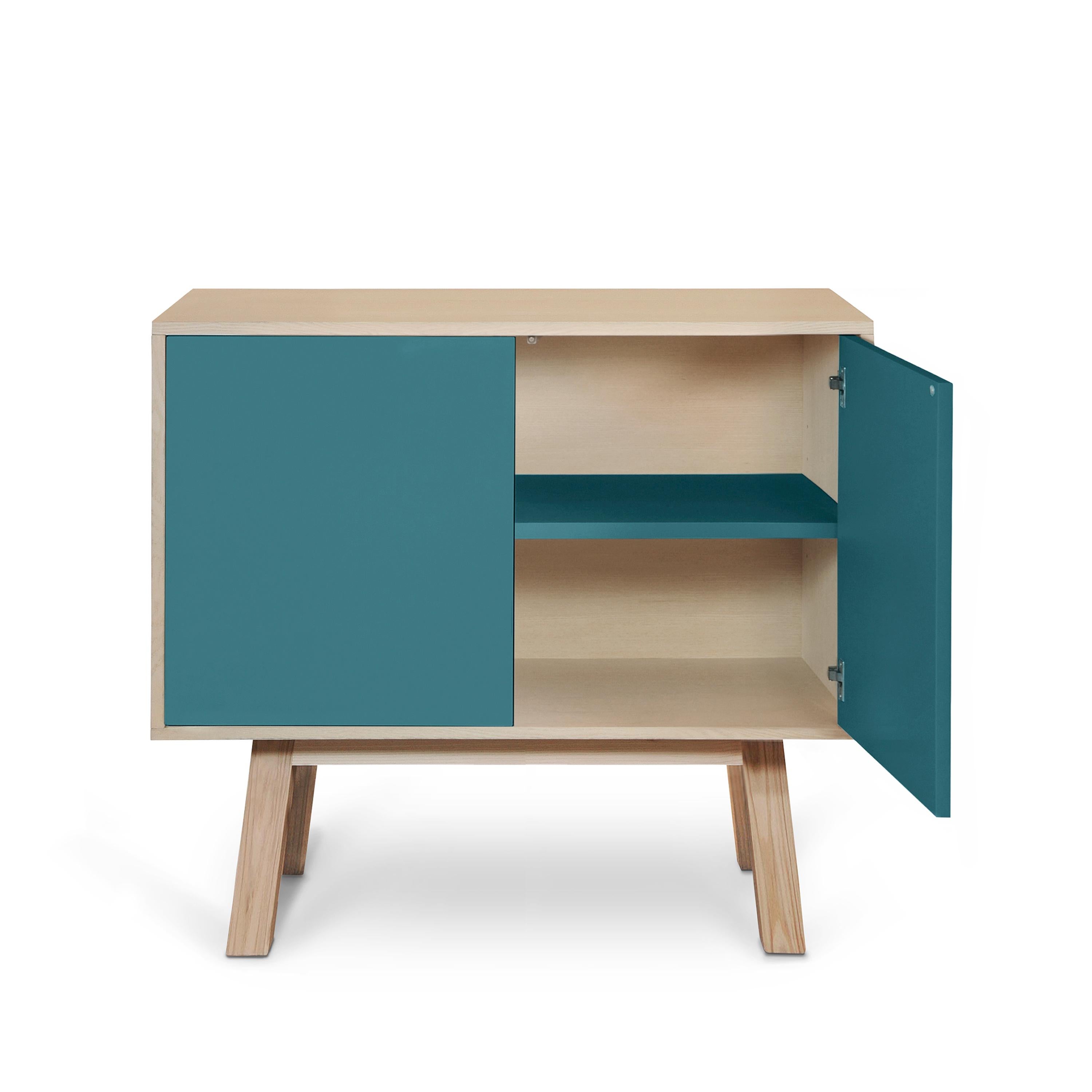 Wood French artisanal 2-door sea blue high wooden cabinet, by Eric Gizard, Paris For Sale