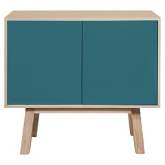 French artisanal 2-door sea blue high wooden cabinet, by Eric Gizard, Paris
