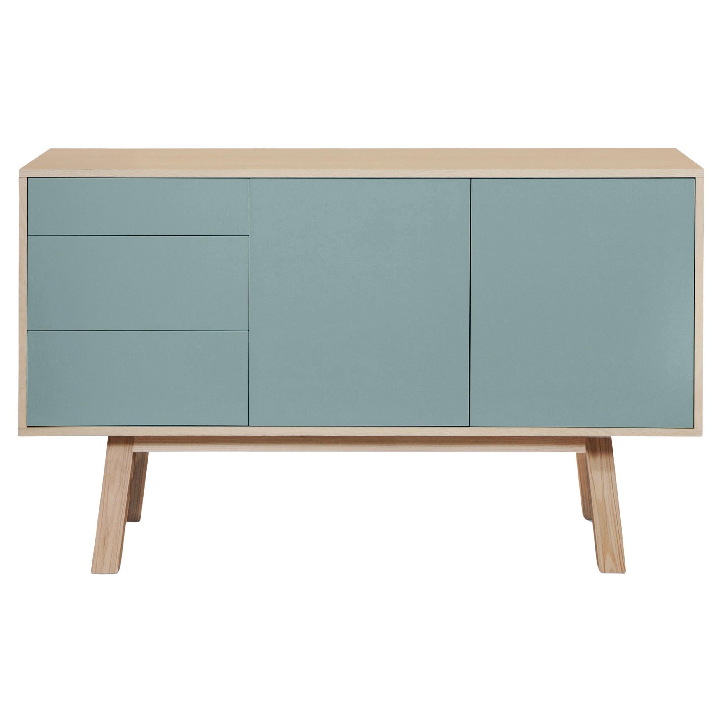 French artisanal blue gray 3-drawer high wooden sideboard, by Eric Gizard, Paris