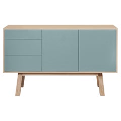 French artisanal blue gray 3-drawer high wooden sideboard, by Eric Gizard, Paris