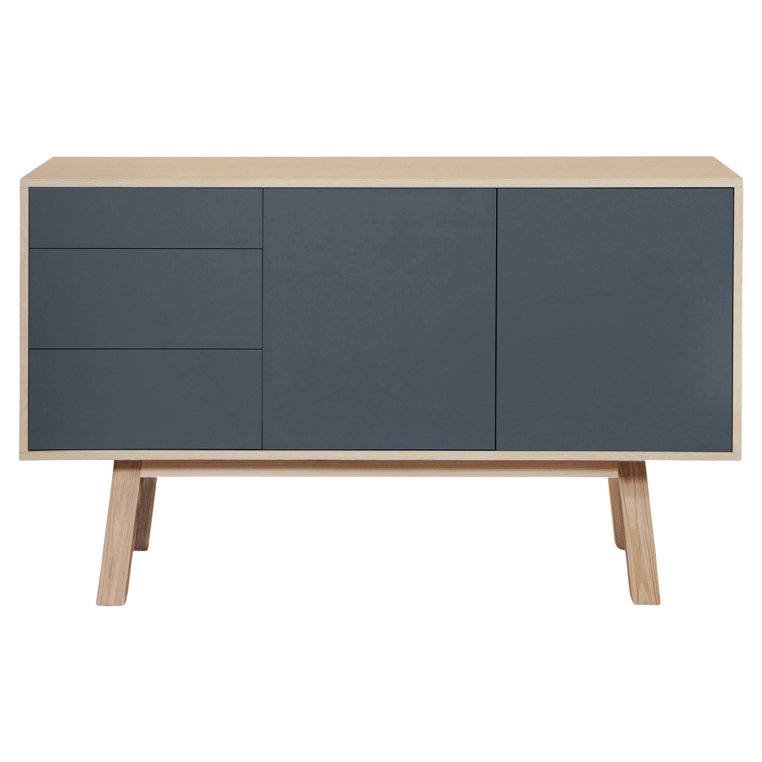 French artisanal dark blue 3-drawer high wooden sideboard by Eric Gizard, Paris