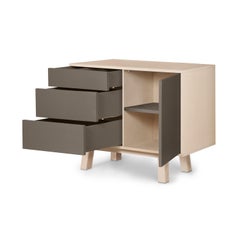 French artisanal design 1 door 3-drawer chocolat gray low wooden small cabinet