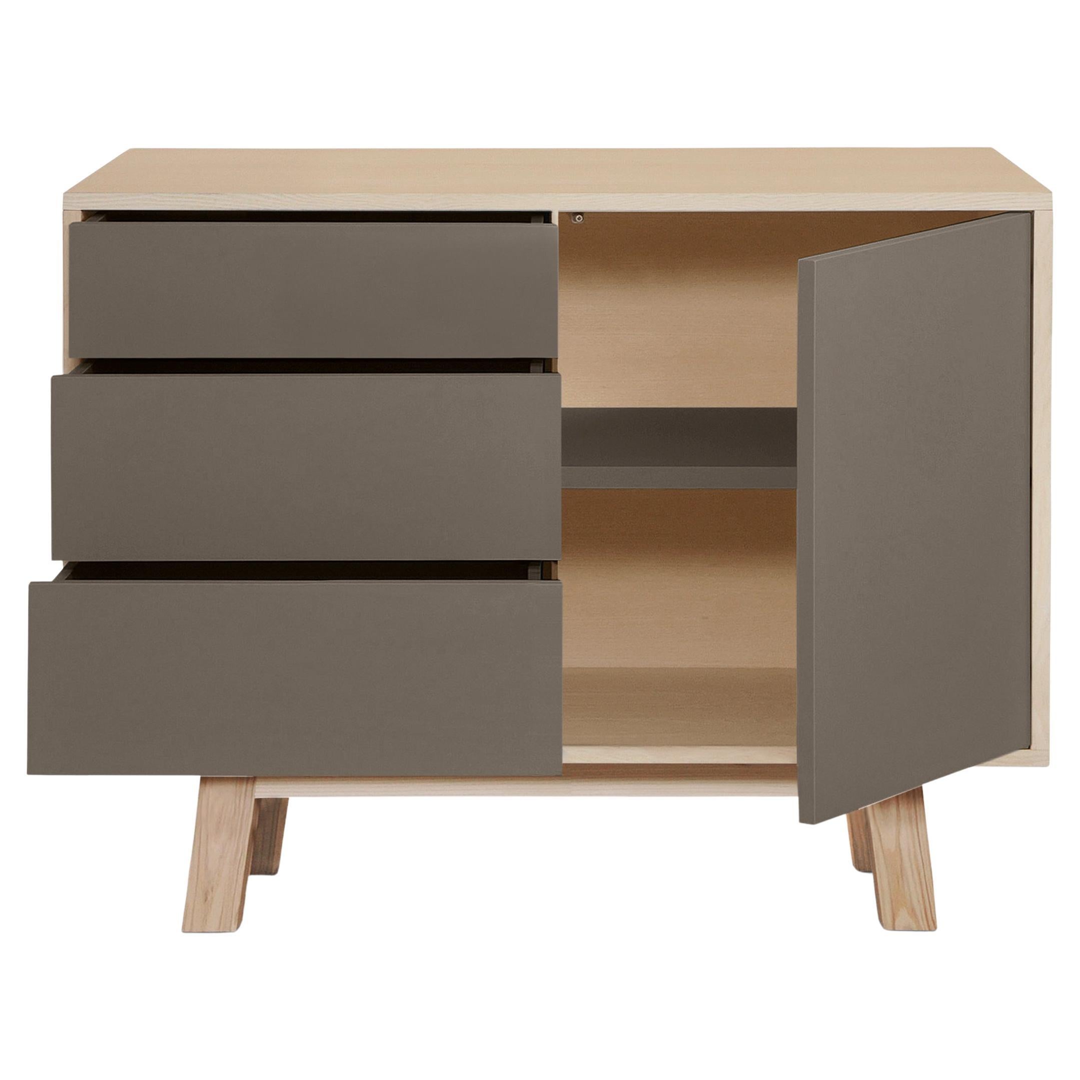 Armario bajo de madera de diseño artesanal francés de 1 puerta y 3 cajones gris chocolate