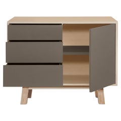 Armario bajo de madera de diseño artesanal francés de 1 puerta y 3 cajones gris chocolate