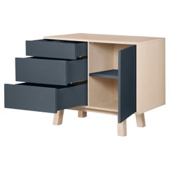 French artisanal design 1 door 3-drawer dark blue low wooden cabinet