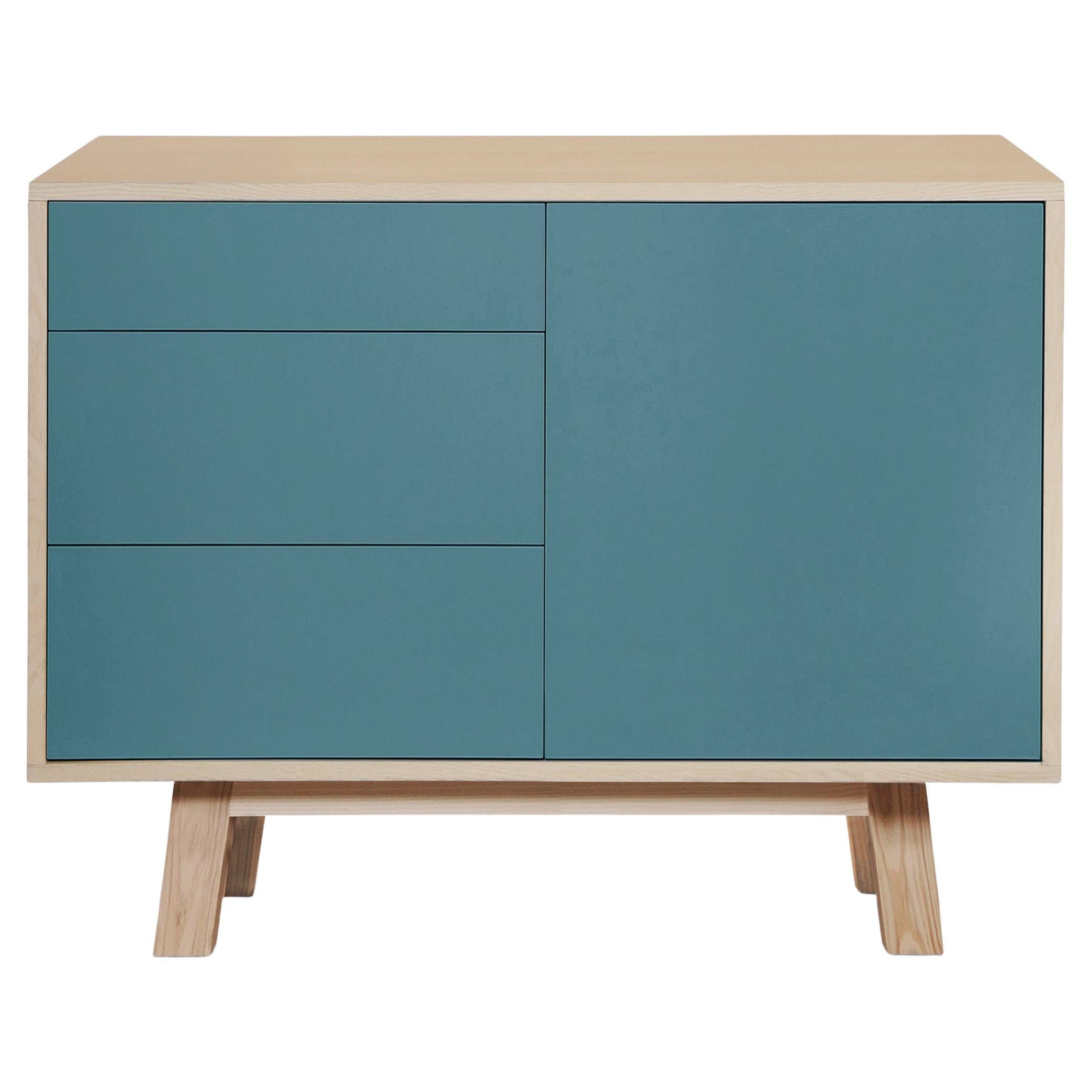 Armario bajo de madera de diseño artesanal francés de 1 puerta y 3 cajones azul claro