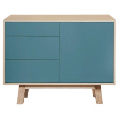 Armario bajo de madera de diseño artesanal francés de 1 puerta y 3 cajones azul claro
