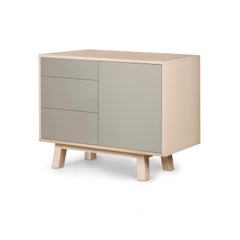 French artisanal designer 1 door 3-drawer light gray low wooden cabinet