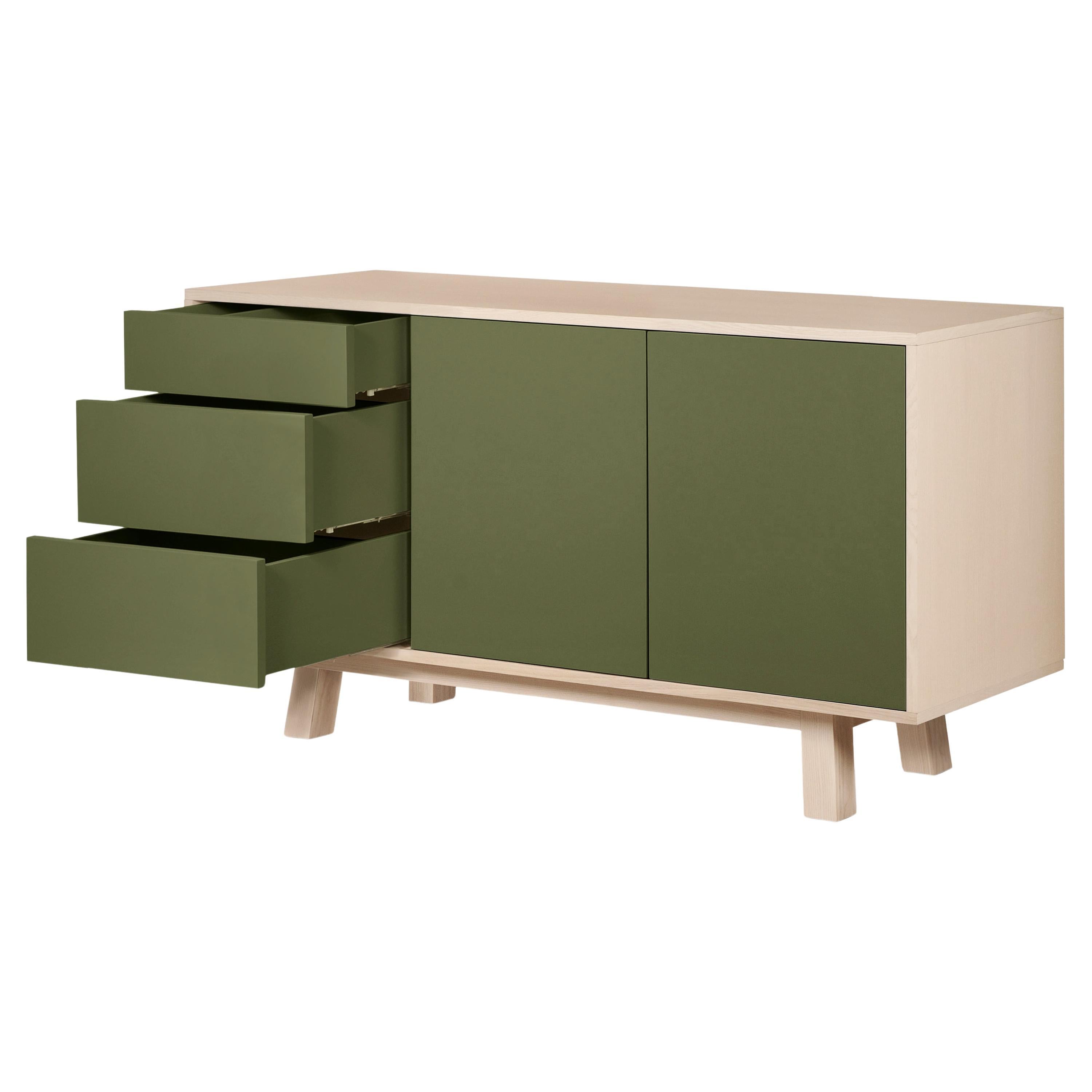 French artisanal green 3-drawer low wooden sideboard KUBE by designer E. Gizard