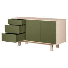 French artisanal green 3-drawer low wooden sideboard KUBE by designer E. Gizard