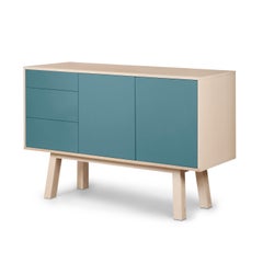 Credenza artigianale francese in legno azzurro con 3 cassetti, di E Gizard