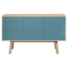 French artisanal light blue high wooden sideboard with 3 drawers, by E Gizard