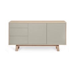 French artisanal light gray 2-door 3-drawer low wooden sideboard KUBE 120 cm