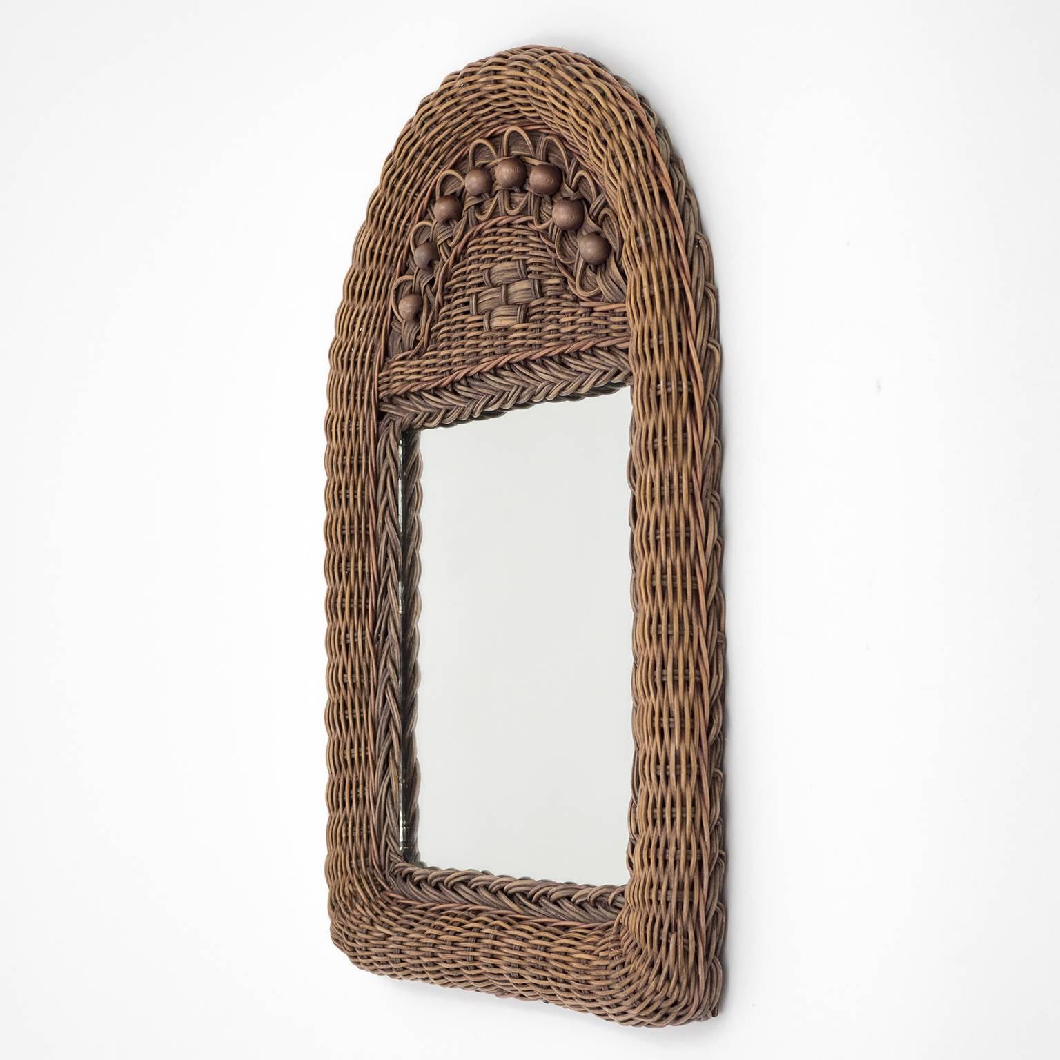 Arts and Crafts French Artisanal Rattan Wicker Mirror, 1960s