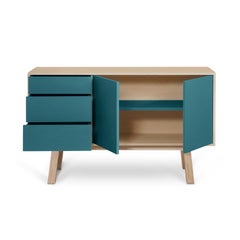 French artisanal sea blue high wooden sideboard with 3 drawers, by E Gizard
