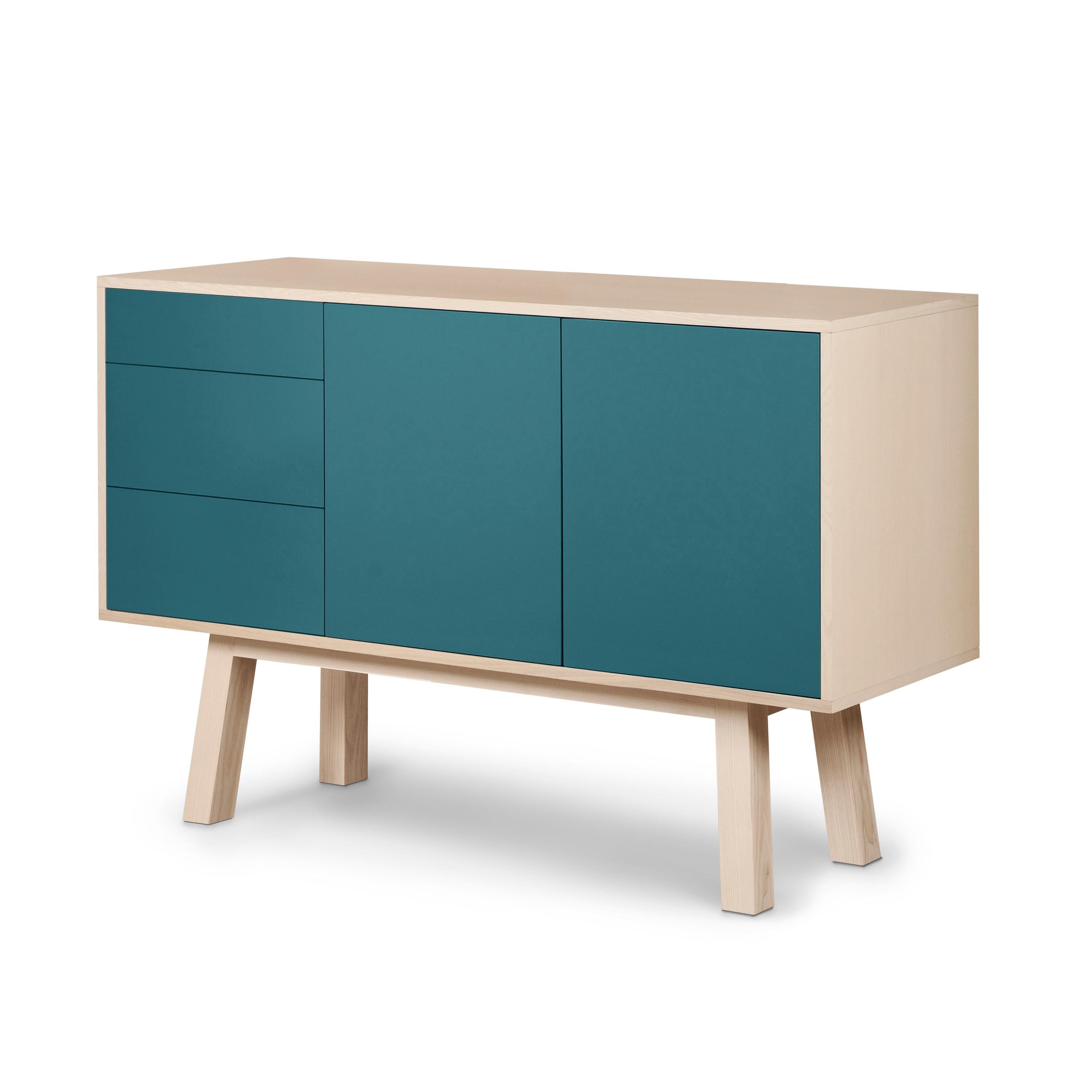 Scandinavian Modern French artisanal sea blue high wooden sideboard with 3 drawers, by E Gizard For Sale