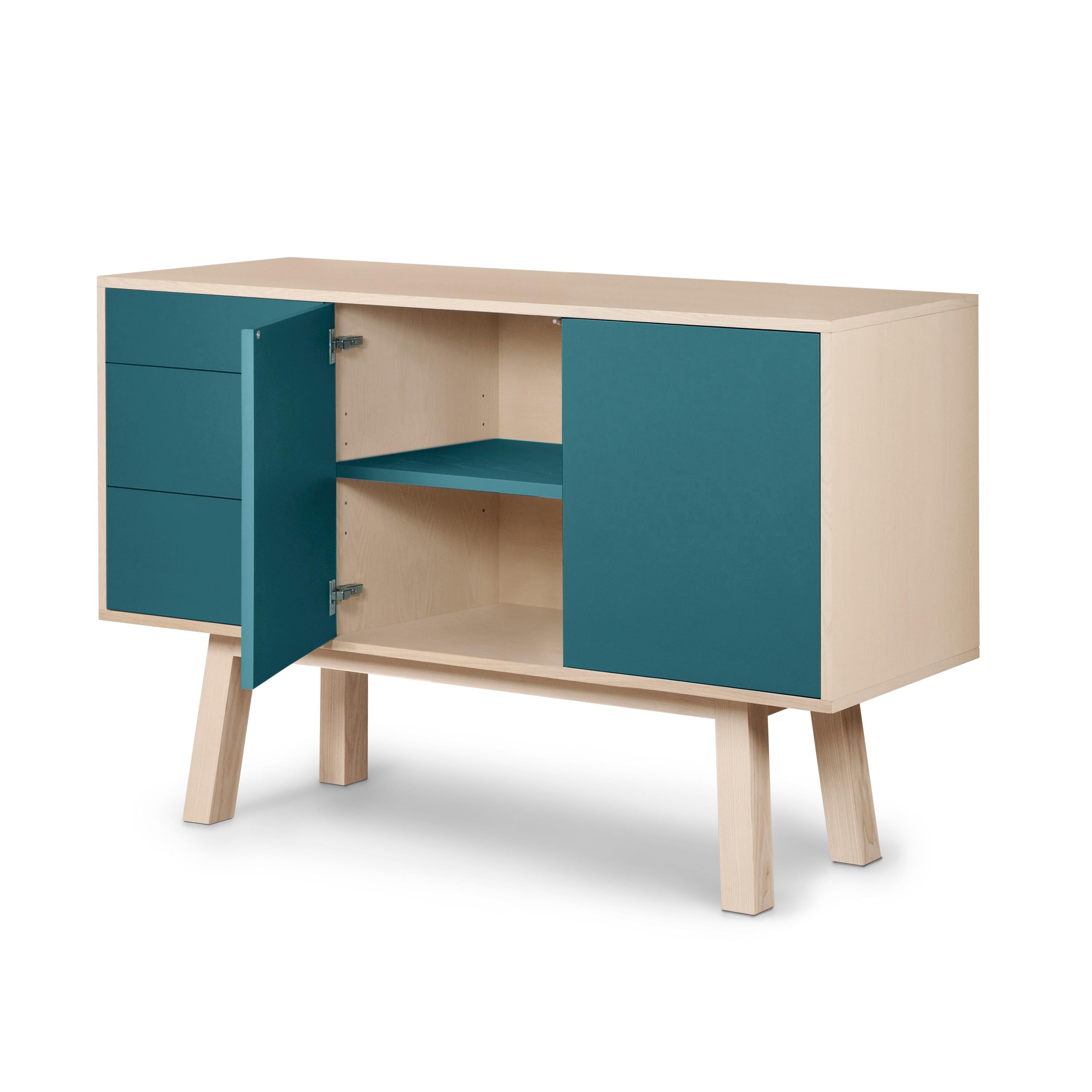 Lacquered French artisanal sea blue high wooden sideboard with 3 drawers, by E Gizard For Sale