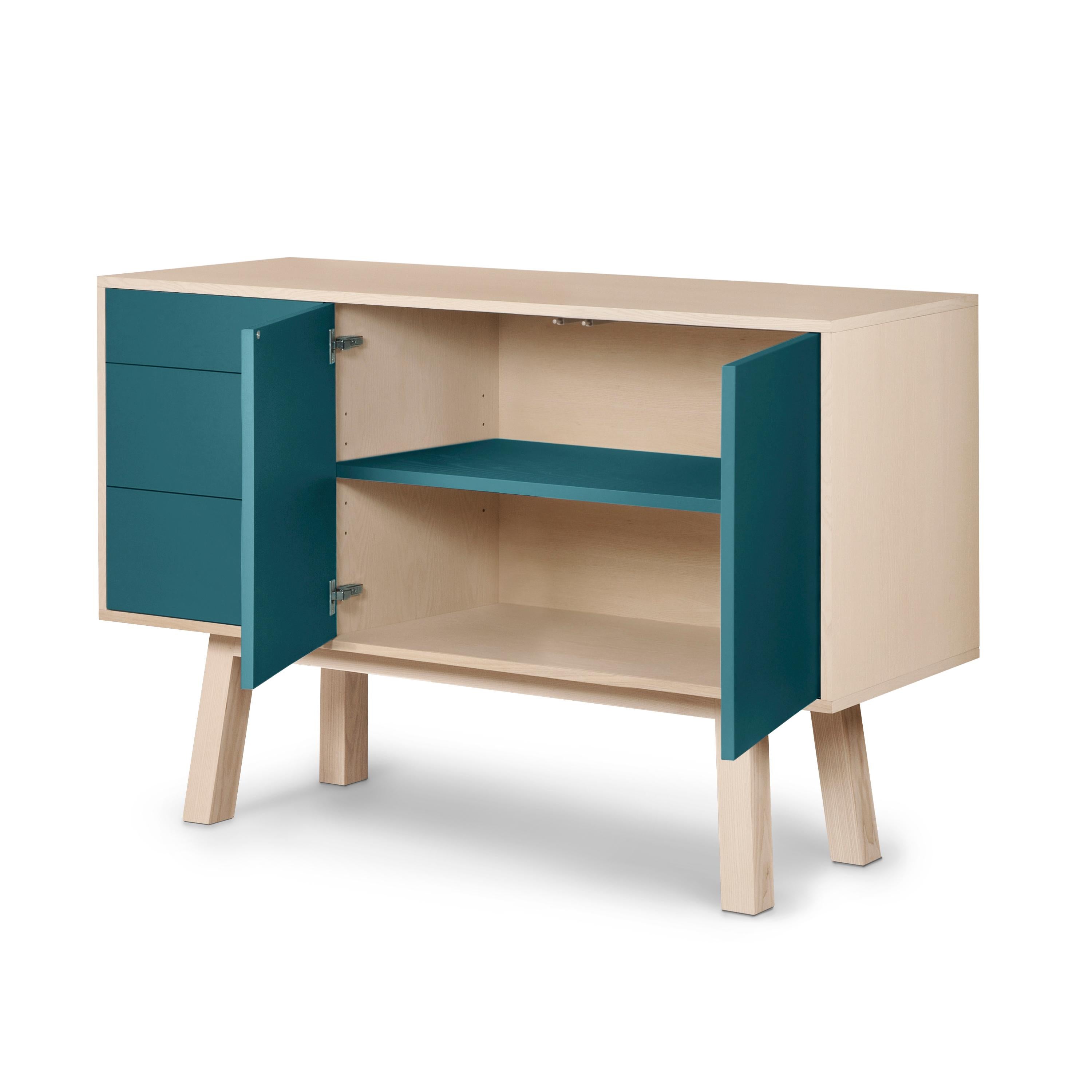 French artisanal sea blue high wooden sideboard with 3 drawers, by E Gizard In New Condition For Sale In Landivy, FR