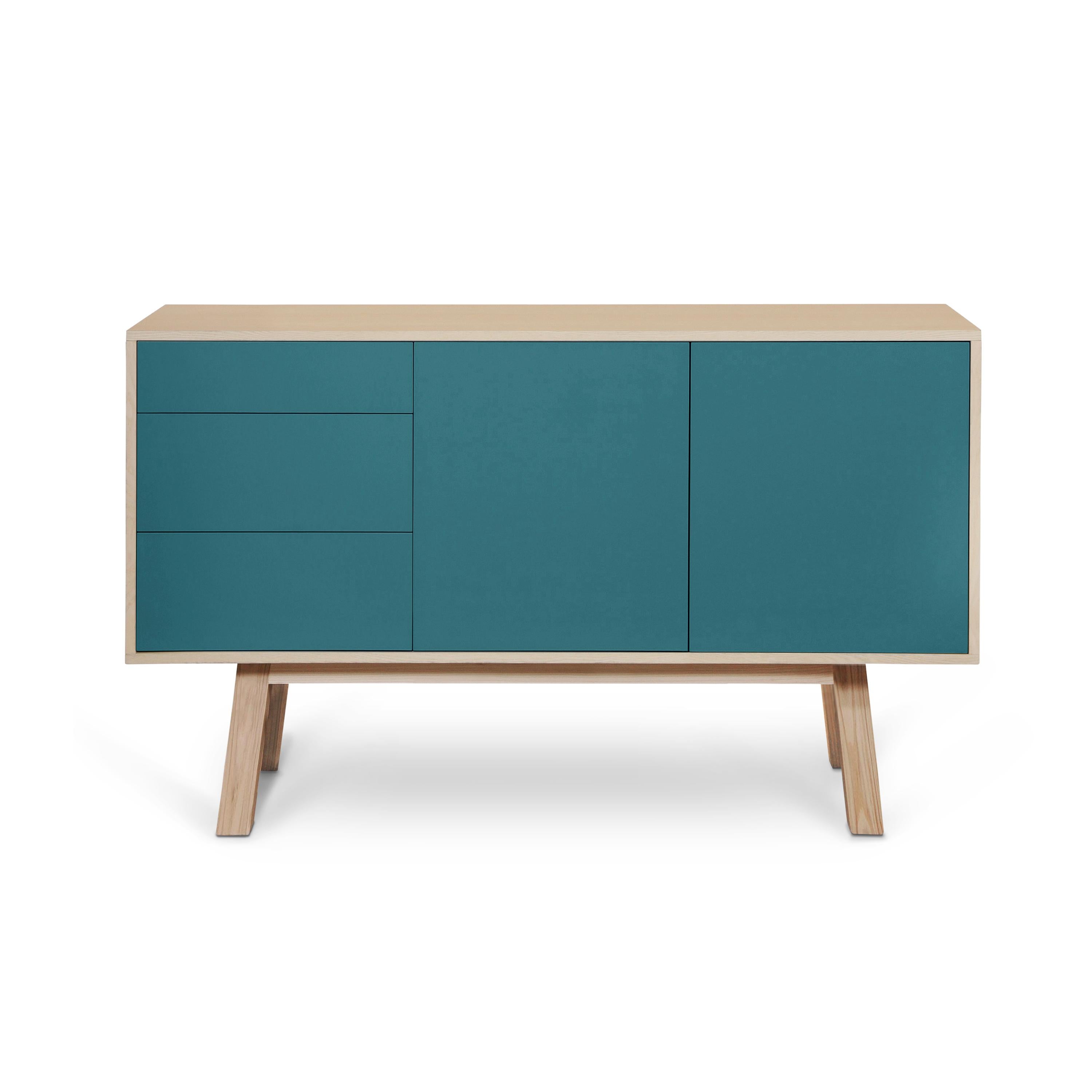 Contemporary French artisanal sea blue high wooden sideboard with 3 drawers, by E Gizard For Sale
