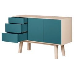 French artisanal sea blue high wooden sideboard with 3 drawers, by E Gizard