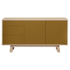 Credenza artigianale francese in legno color foglia di tabacco a 2 ante e 3 cassetti KUBE