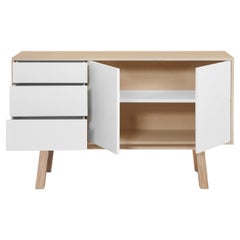 French artisanal white 2-door 3-drawer high wooden sideboard, by E Gizard 140 cm