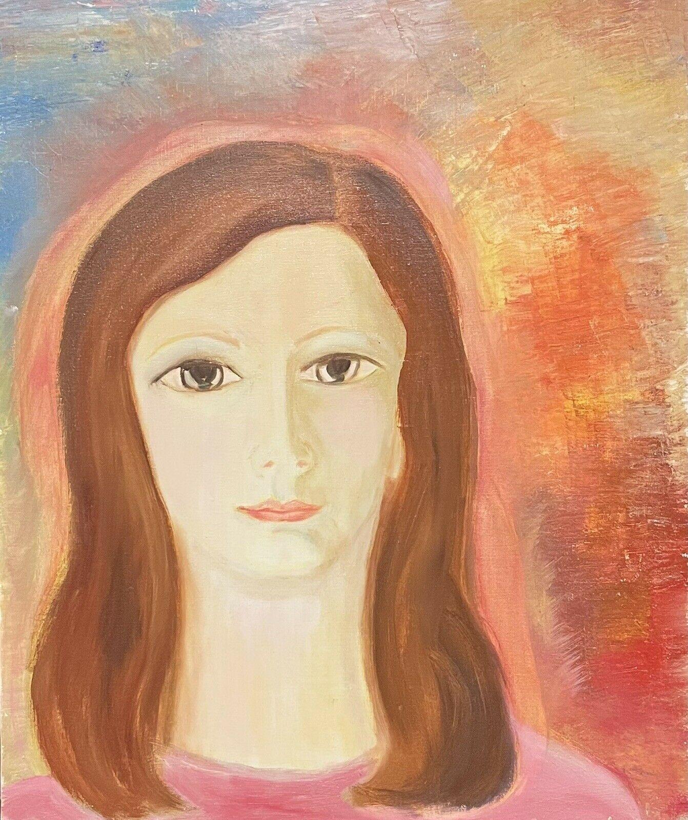 French artist Interior Painting - 1970's FRENCH OIL PAINTING - HEAD & SHOULDERS PORTRAIT YOUNG LADY PINK & ORANGE