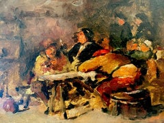 Drinkers in Old Tavern Interior - vintage French post-impressionist painting