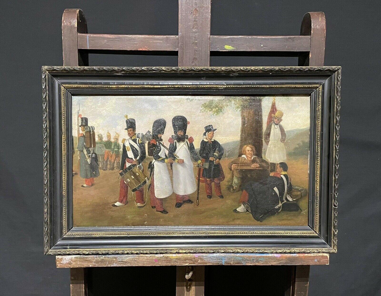 19th CENTURY FRENCH ANTIQUE OIL ON PANEL - FRENCH SOLDIERS MAKING CAMP - Painting by French artist
