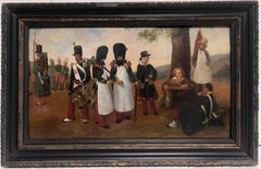 19th CENTURY FRENCH ANTIQUE OIL ON PANEL - FRENCH SOLDIERS MAKING CAMP