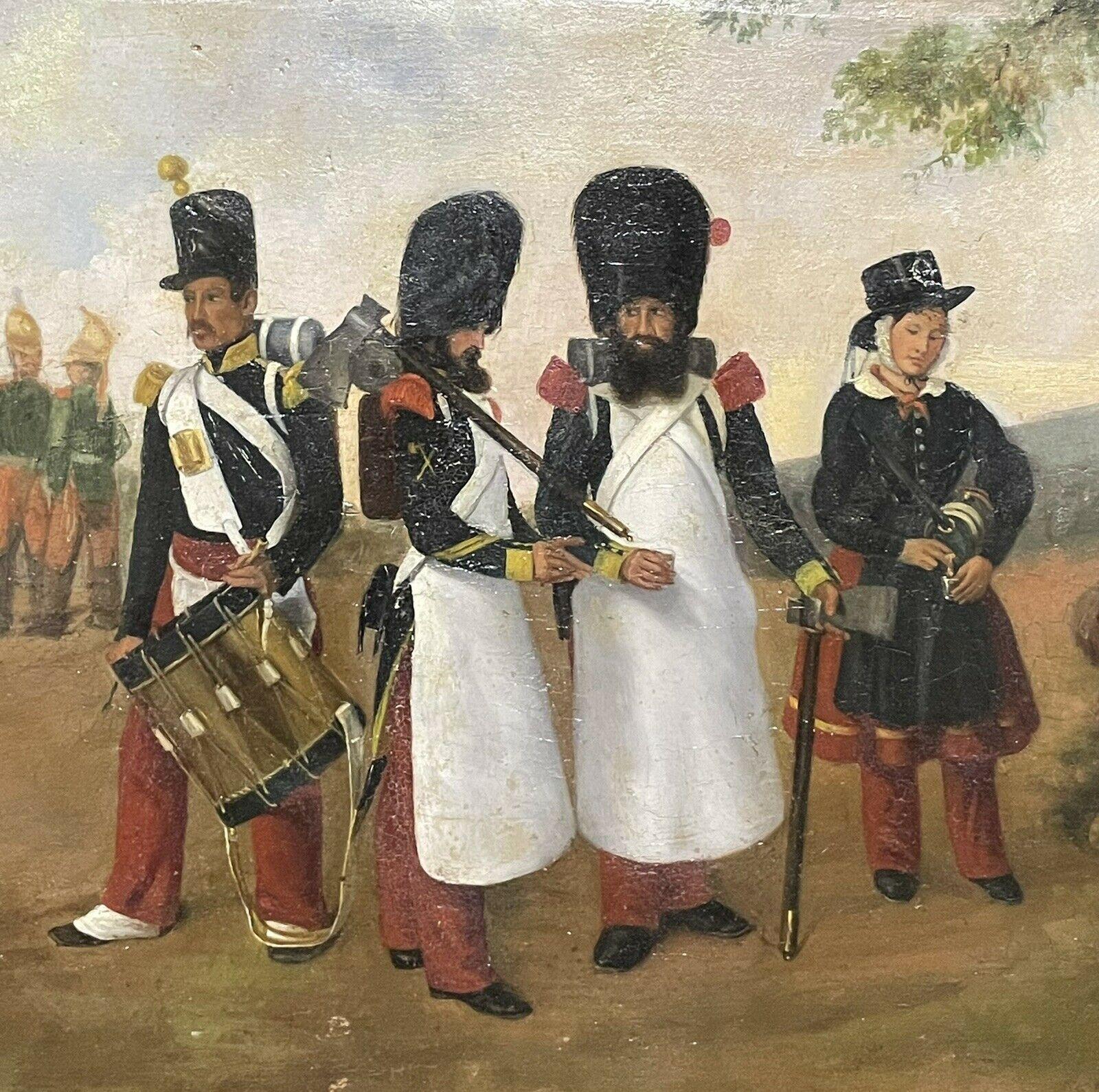 19th CENTURY FRENCH ANTIQUE OIL ON PANEL - FRENCH SOLDIERS MAKING CAMP - Brown Figurative Painting by French artist