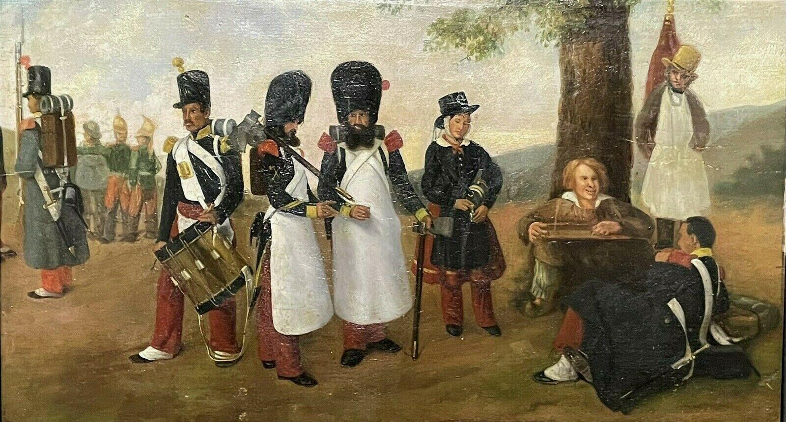 19th CENTURY FRENCH ANTIQUE OIL ON PANEL - FRENCH SOLDIERS MAKING CAMP