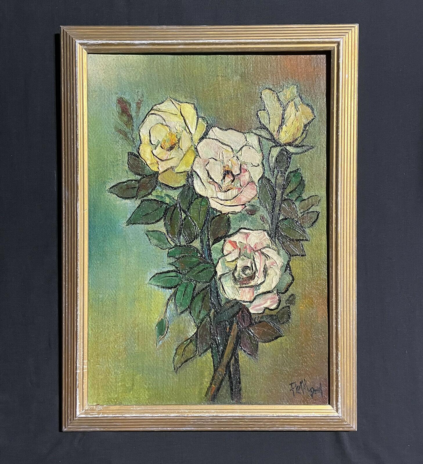 1960's FRENCH MODERNIST SIGNED OIL - STILL LIFE OF YELLOW PINK ROSES GREEN BACK - Painting by French Artist