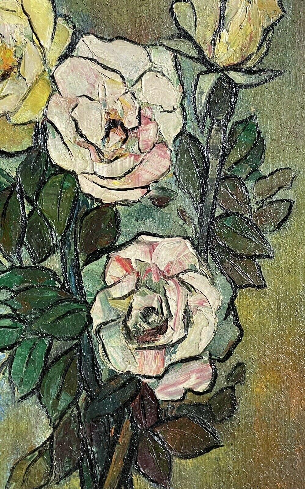 1960's FRENCH MODERNIST SIGNED OIL - STILL LIFE OF YELLOW PINK ROSES GREEN BACK - Impressionist Painting by French Artist