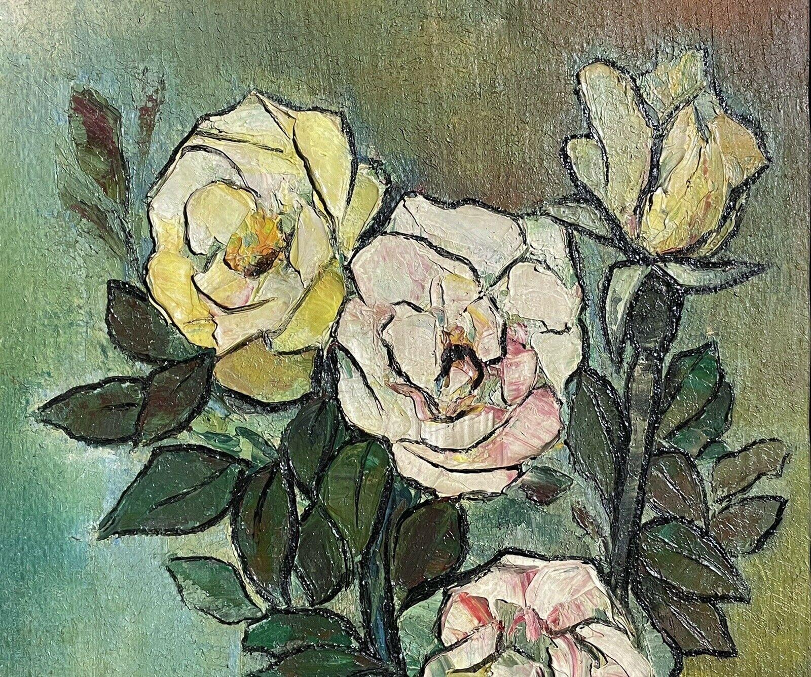 1960's FRENCH MODERNIST SIGNED OIL - STILL LIFE OF YELLOW PINK ROSES GREEN BACK - Brown Still-Life Painting by French Artist