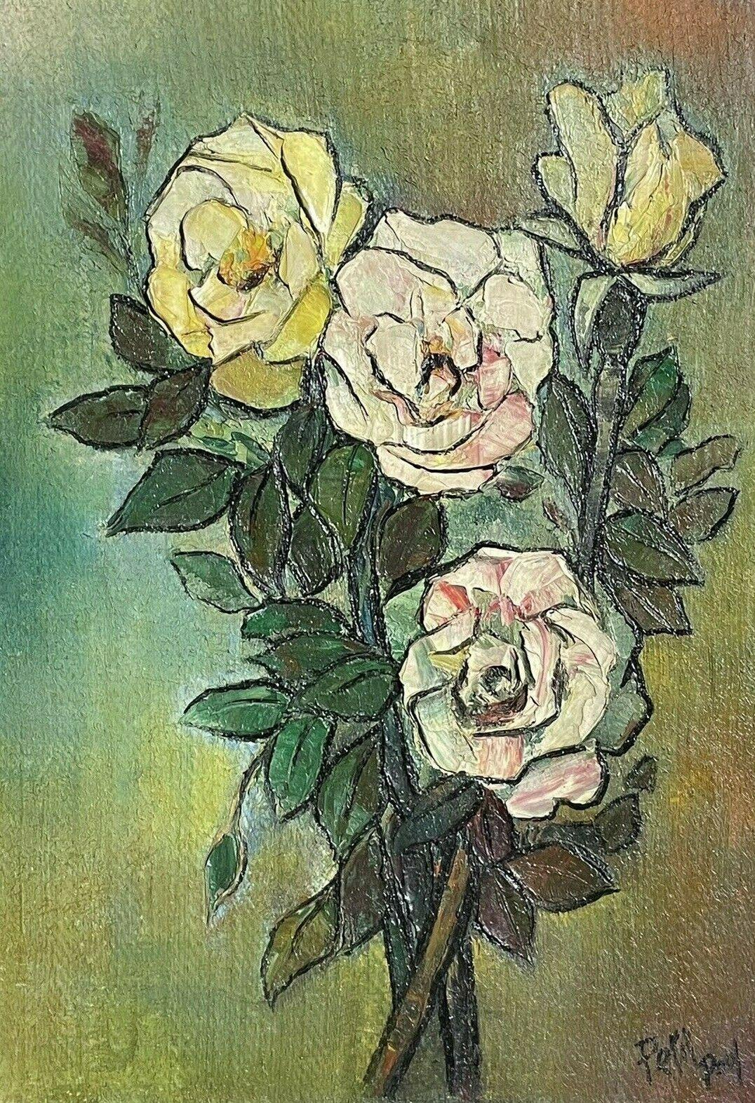 French Artist Still-Life Painting - 1960's FRENCH MODERNIST SIGNED OIL - STILL LIFE OF YELLOW PINK ROSES GREEN BACK