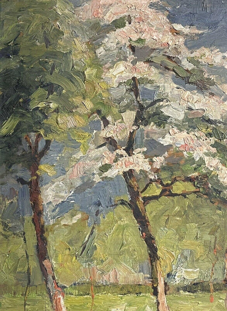 1950'S FRENCH POST-IMPRESSIONIST SIGNED OIL - BLOSSOM TREES WOODLAND GARDEN - Brown Landscape Painting by French Artist