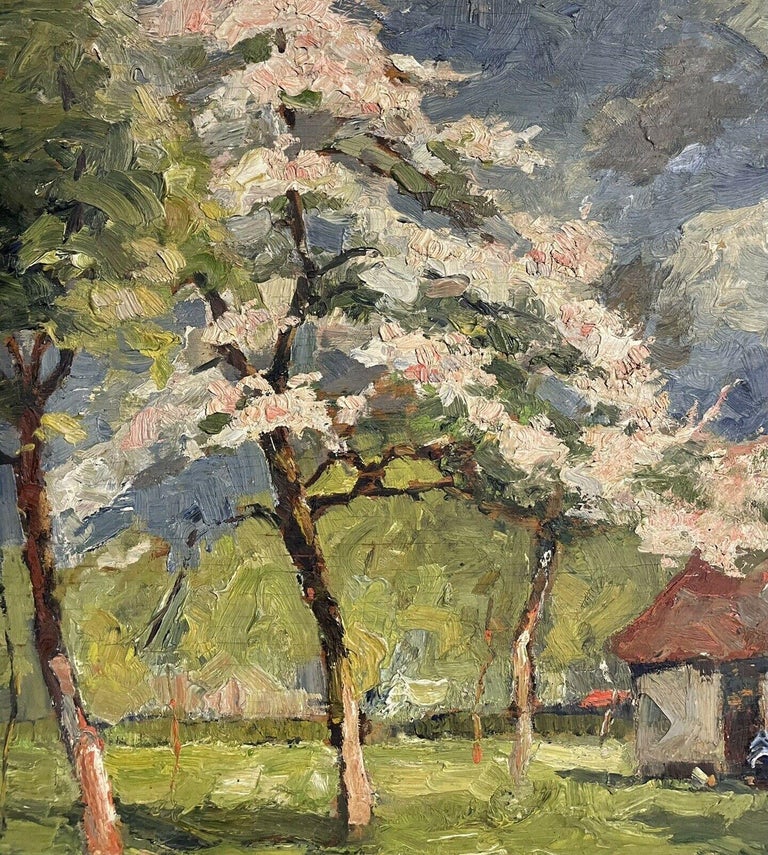 Artist/ School: French School, mid 20th century, indistinctly signed

Title: house in country garden with blossom trees surrounding. Beautiful shades of green and pinks in this. Very thickly painted.

Medium: oil painting on wooden panel, simple