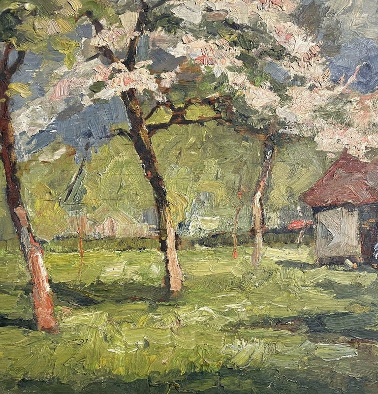 1950'S FRENCH POST-IMPRESSIONIST SIGNED OIL - BLOSSOM TREES WOODLAND GARDEN For Sale 1