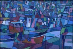 FRAMED FRENCH CUBIST OIL PAINTING - BOATS IN HARBOUR - AMAZING BLUE COLOURS