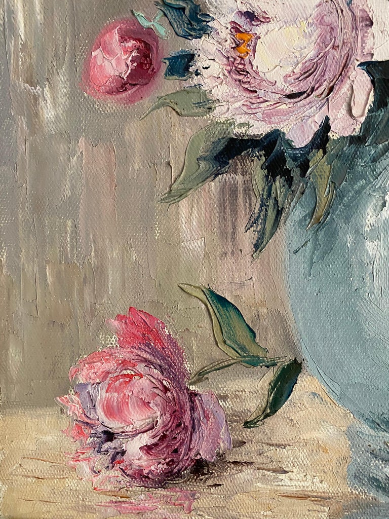 1950's FRENCH STILL LIFE IMPRESSIONIST OIL PAINTING - VINTAGE FLOWERS IN VASE For Sale 1