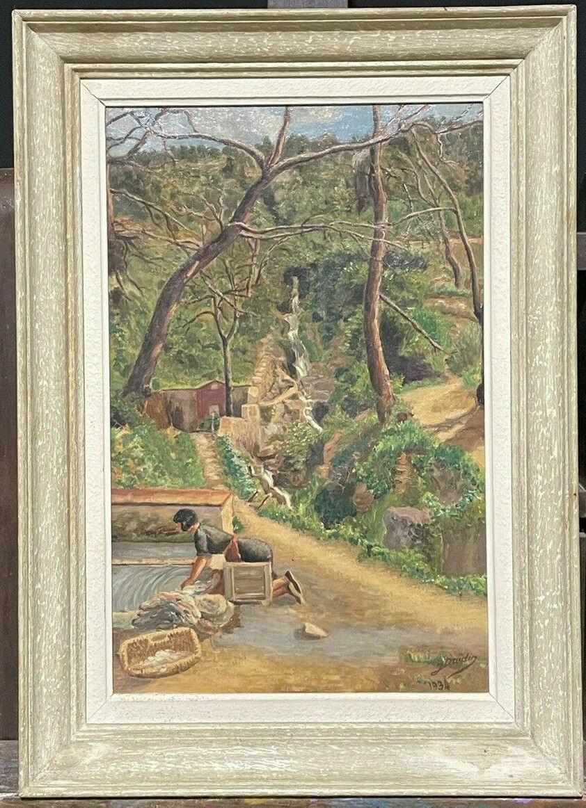 1930's FRENCH IMPRESSIONIST SIGNED OIL - LA LAVANDIERE VILLAGE STREAM & WOODLAND - Painting by French Artist
