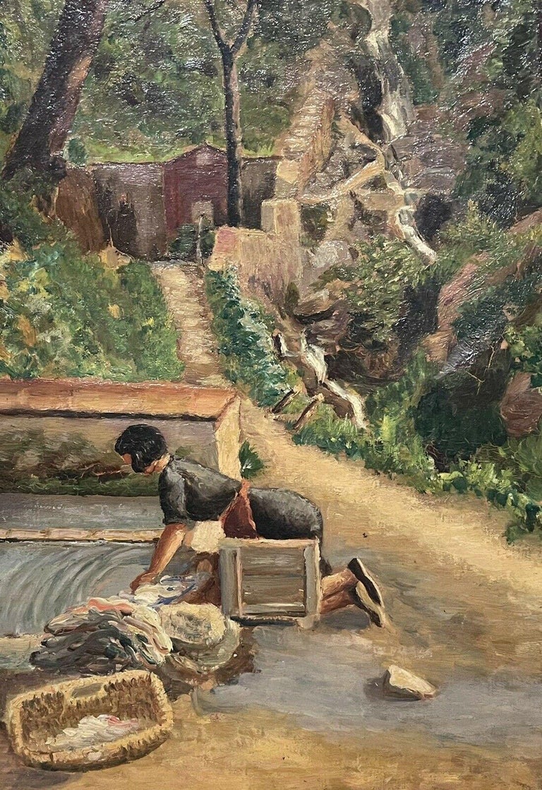 Artist/ School: French School, signed and dated 1930's

Title: 'La Lavandiere' a village stream with a lady washing clothes in the water, woodland beyond. Original frame.

Medium:  oil painting on canvas, framed.

Size:       frame: 27 x 19 inches 

