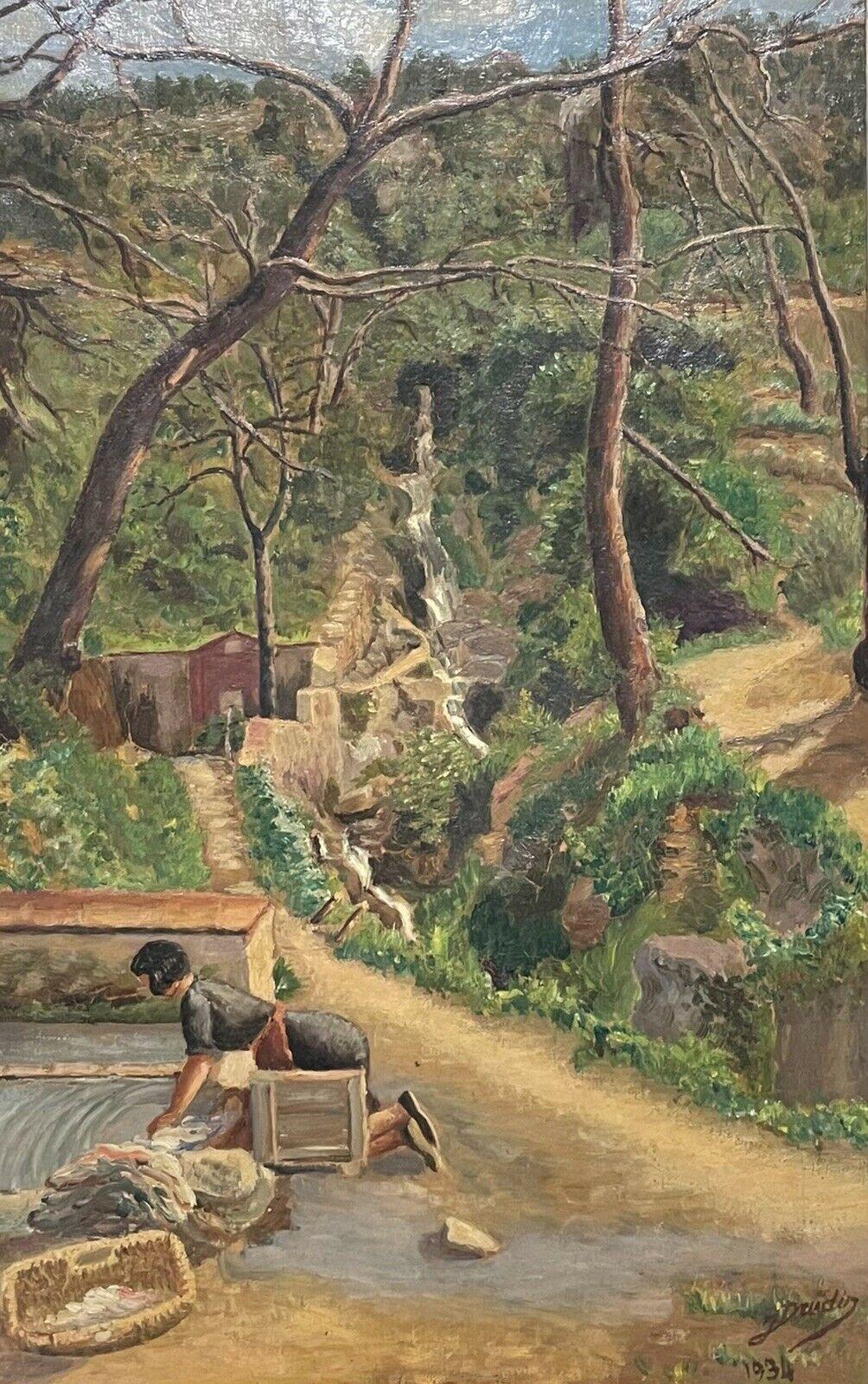 French Artist Landscape Painting - 1930's FRENCH IMPRESSIONIST SIGNED OIL - LA LAVANDIERE VILLAGE STREAM & WOODLAND