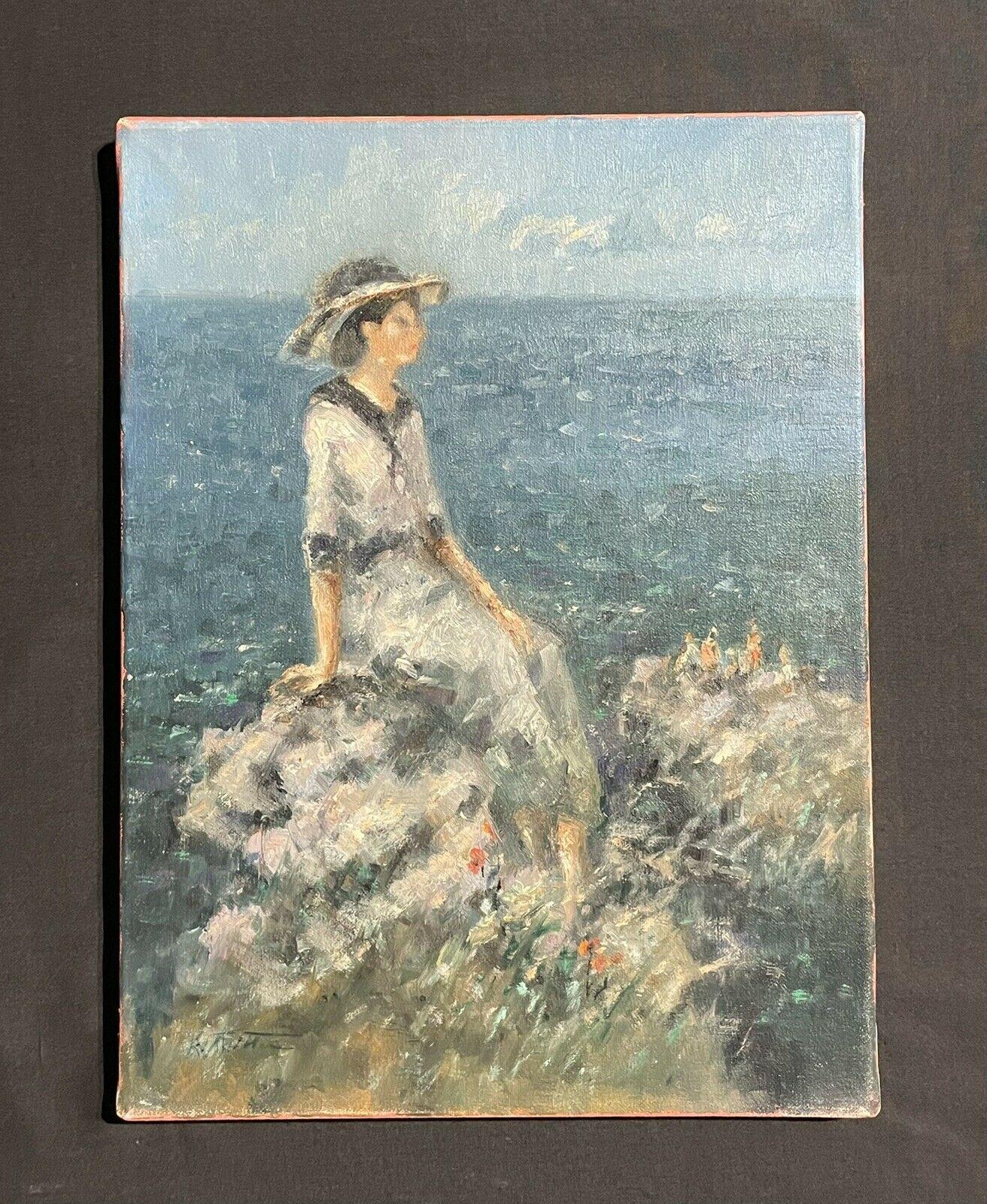 SIGNED FRENCH IMPRESSIONIST OIL - ELEGANT LADY LOOKING OUT TO SEA ON CLIFFS - Painting by French Artist