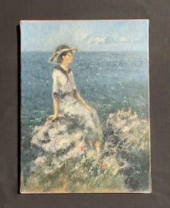 SIGNED FRENCH IMPRESSIONIST OIL - ELEGANT LADY LOOKING OUT TO SEA ON CLIFFS