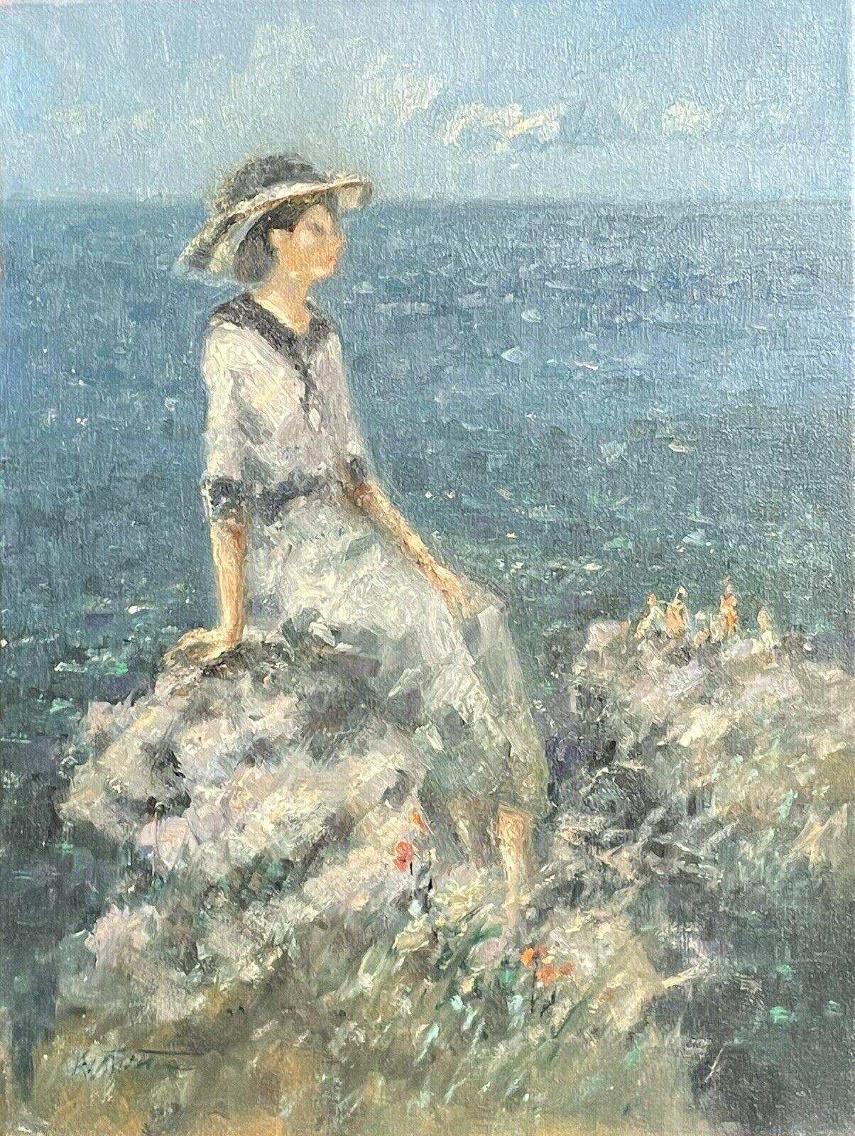 French Artist Portrait Painting - SIGNED FRENCH IMPRESSIONIST OIL - ELEGANT LADY LOOKING OUT TO SEA ON CLIFFS