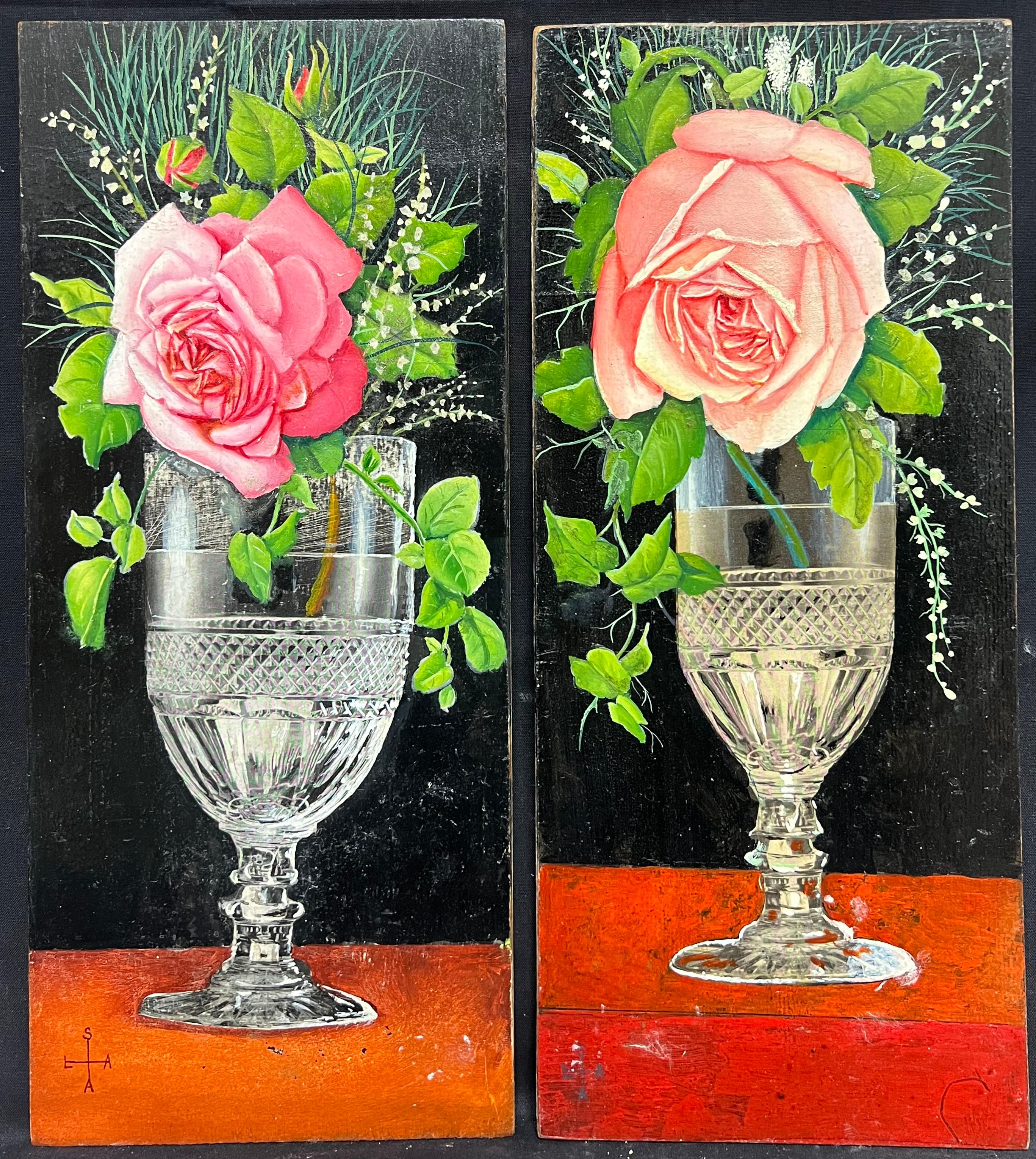 Pair Mid 20th Century French Still Life Painting Ornate Flowers in Glass Vase - Brown Interior Painting by French artist